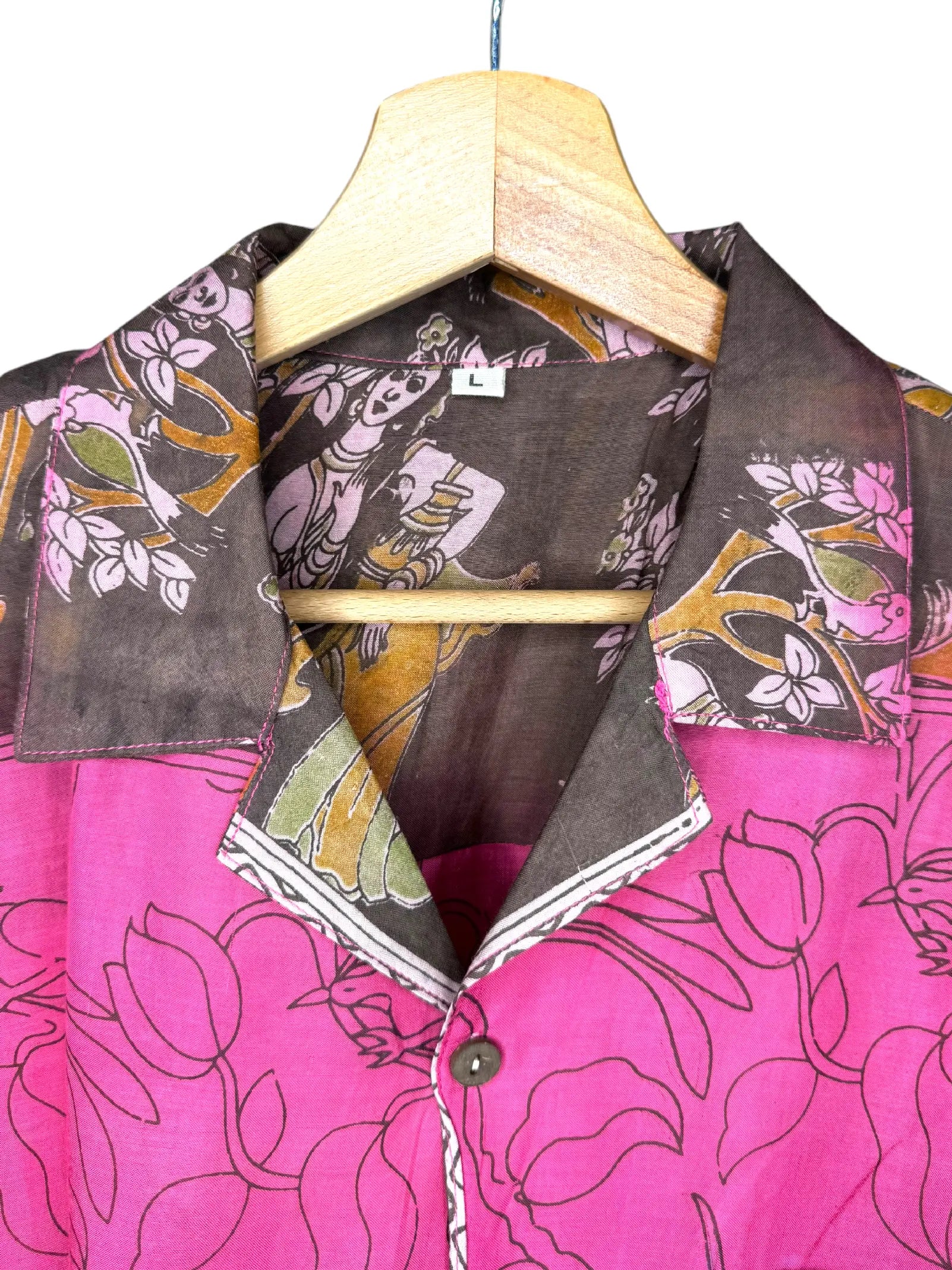 Camicia Etnica Kalamkari Fiori e Uccelli Cotone Fucsia - L