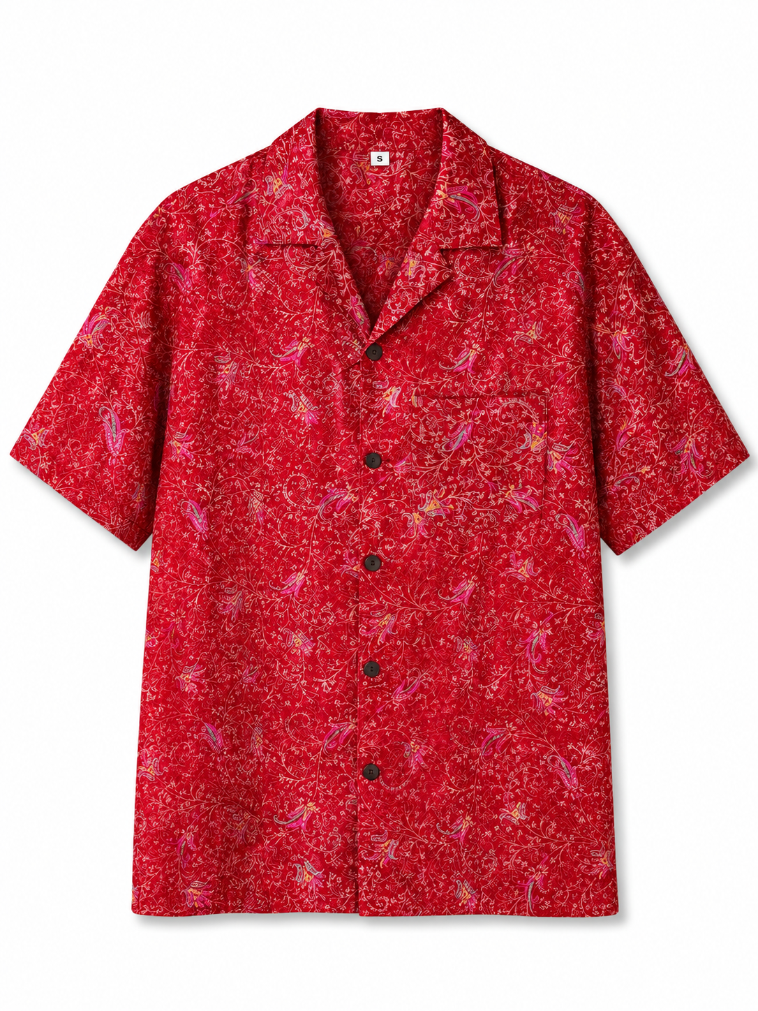 Camicia in Seta Sari Paisley Rosso Fuoco Floreale Unisex - Taglia S