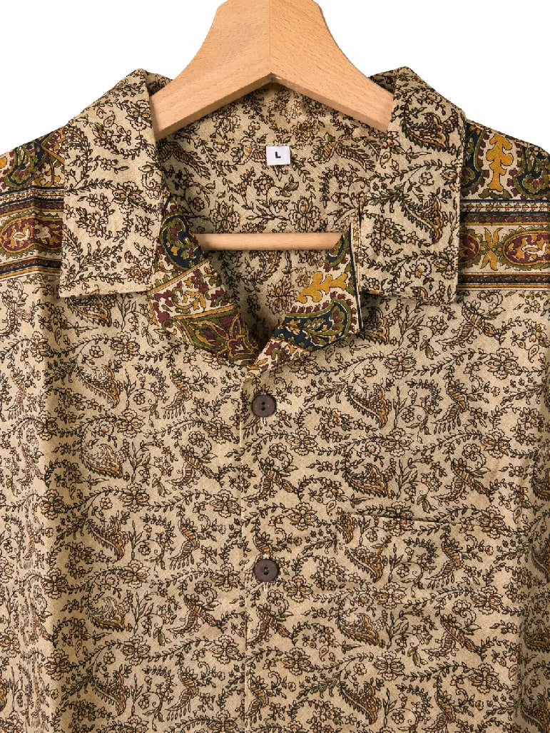 Camicia in Seta Sari Paisley Kashmiri Beige e Oro Unisex - Taglia L