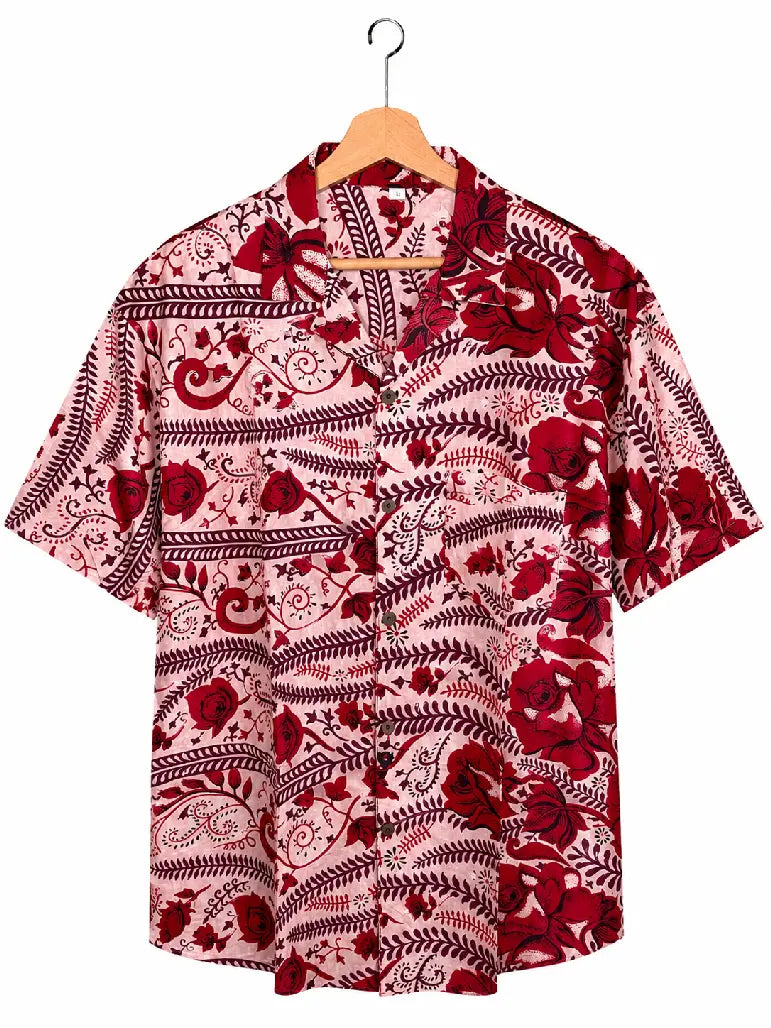 Camicia in Seta Sari Rose e Felci Rosso e Rosa Unisex - Taglia L