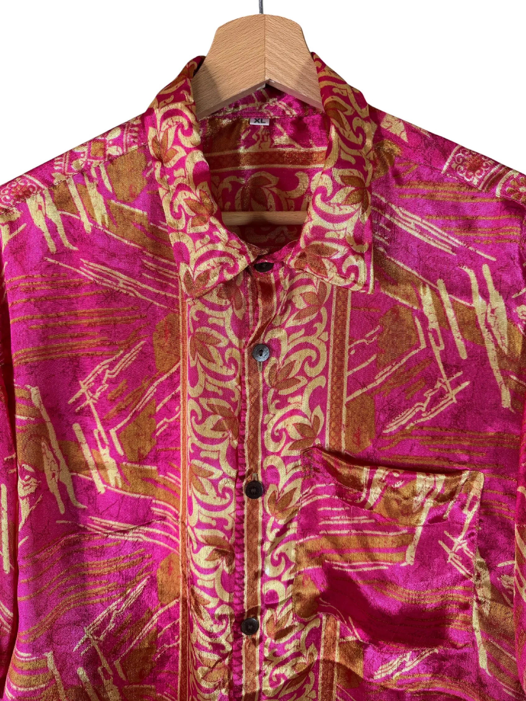 Camicia Sari Fucsia Oro Astratta con Fascia Barocca Unisex - Taglia XL