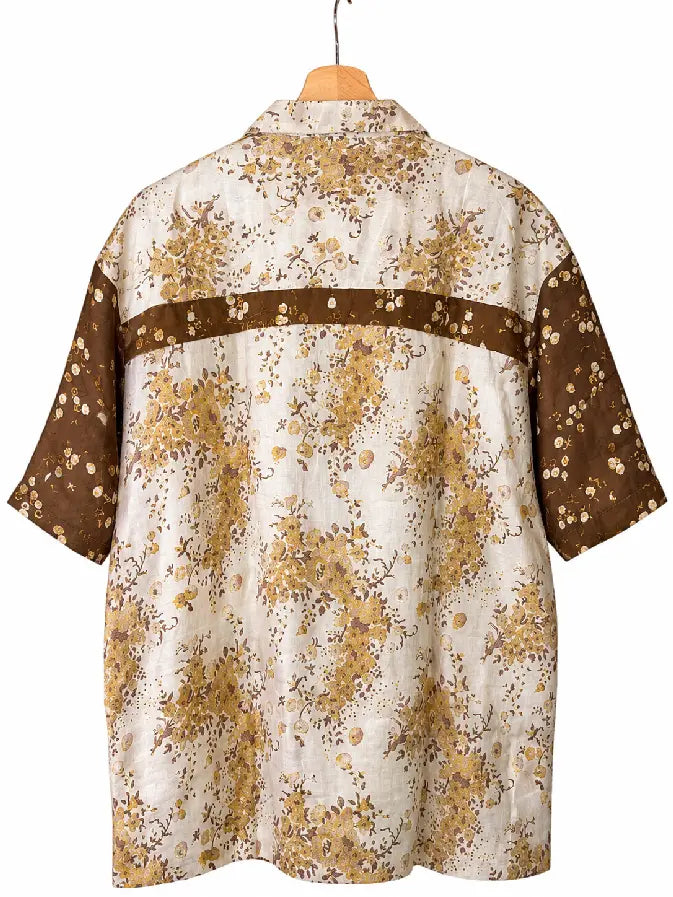 Camicia in Seta Sari Floreale Vintage Marrone, Avorio Unisex - Taglia M