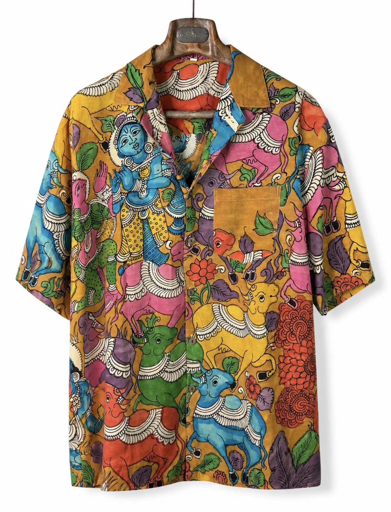 Camicia Etnica Seta Tussar Kalamkari Krishna e Vacche - L
