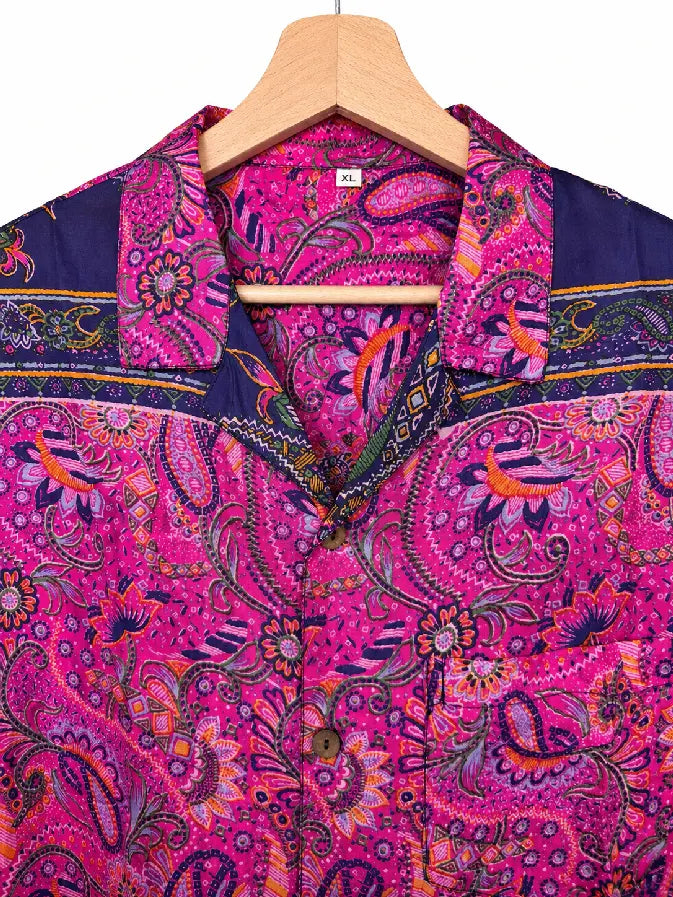 Camicia in Seta Sari Paisley Fucsia e Blu Notte Unisex - Taglia XL