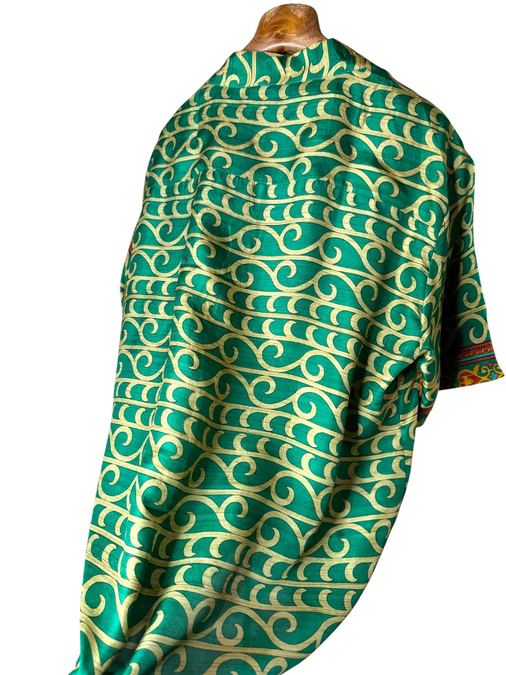 Camicia Etnica in Seta Sari Vintage Onde Verde Smeraldo - Taglia M