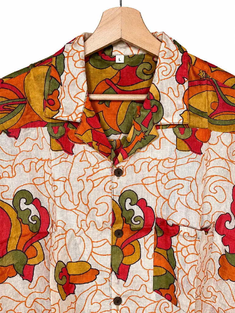 Camicia in Seta Sari Astratto Avorio e Arancio Unisex - Taglia L
