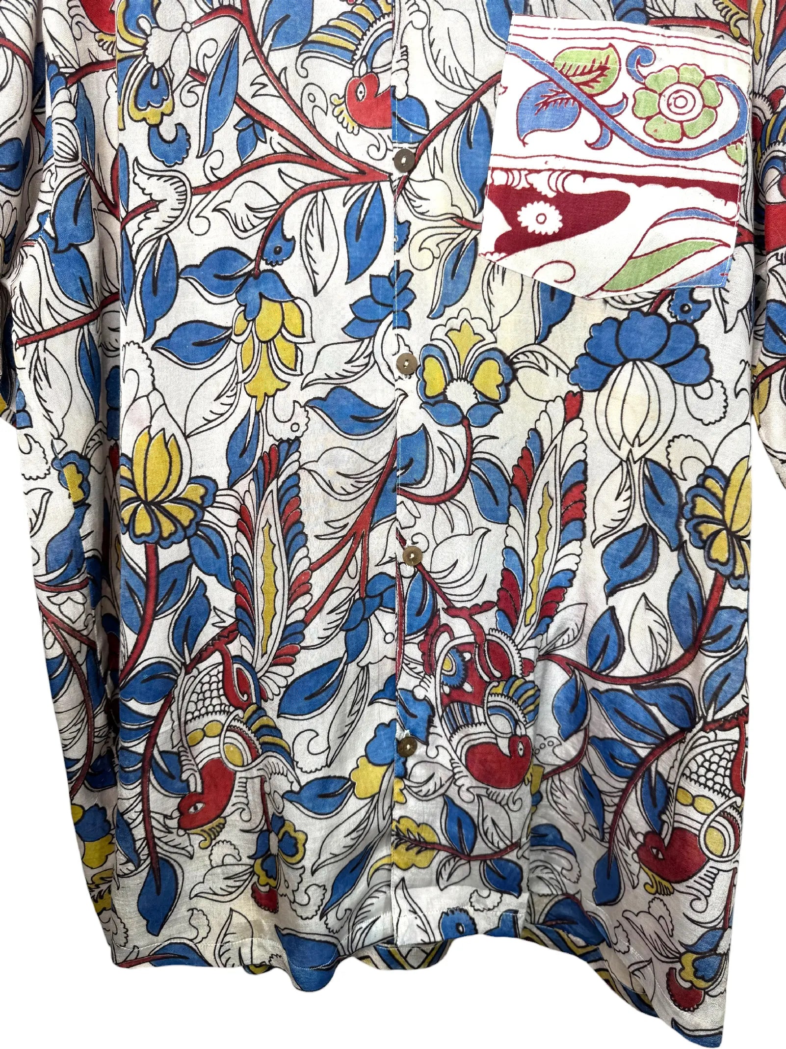 Camicia Etnica Kalamkari Pappagalli Cotone Blu - Taglia XL