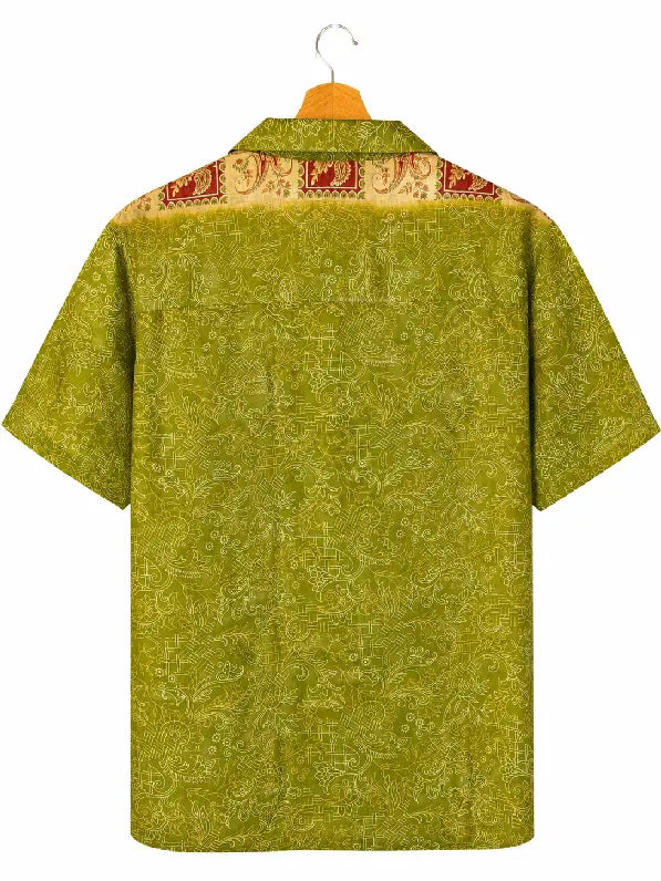 Camicia in Seta Sari Verde Oliva con Bordura Bordeaux Unisex - Taglia M