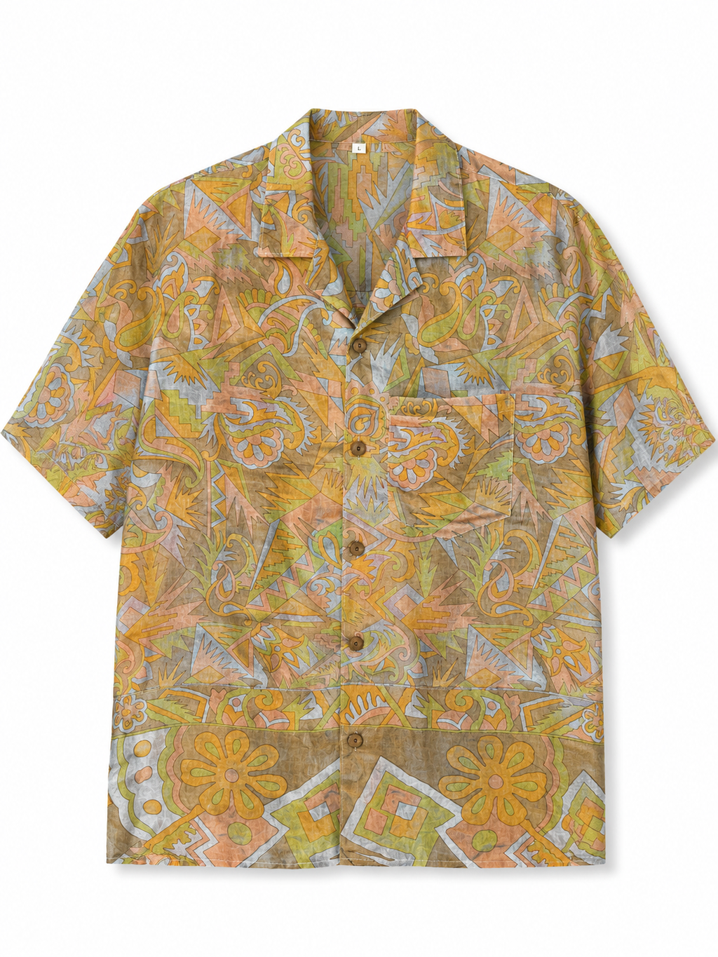 Camicia in Seta Sari Etnica Ocra Verde Paisley Unisex - Taglia XL