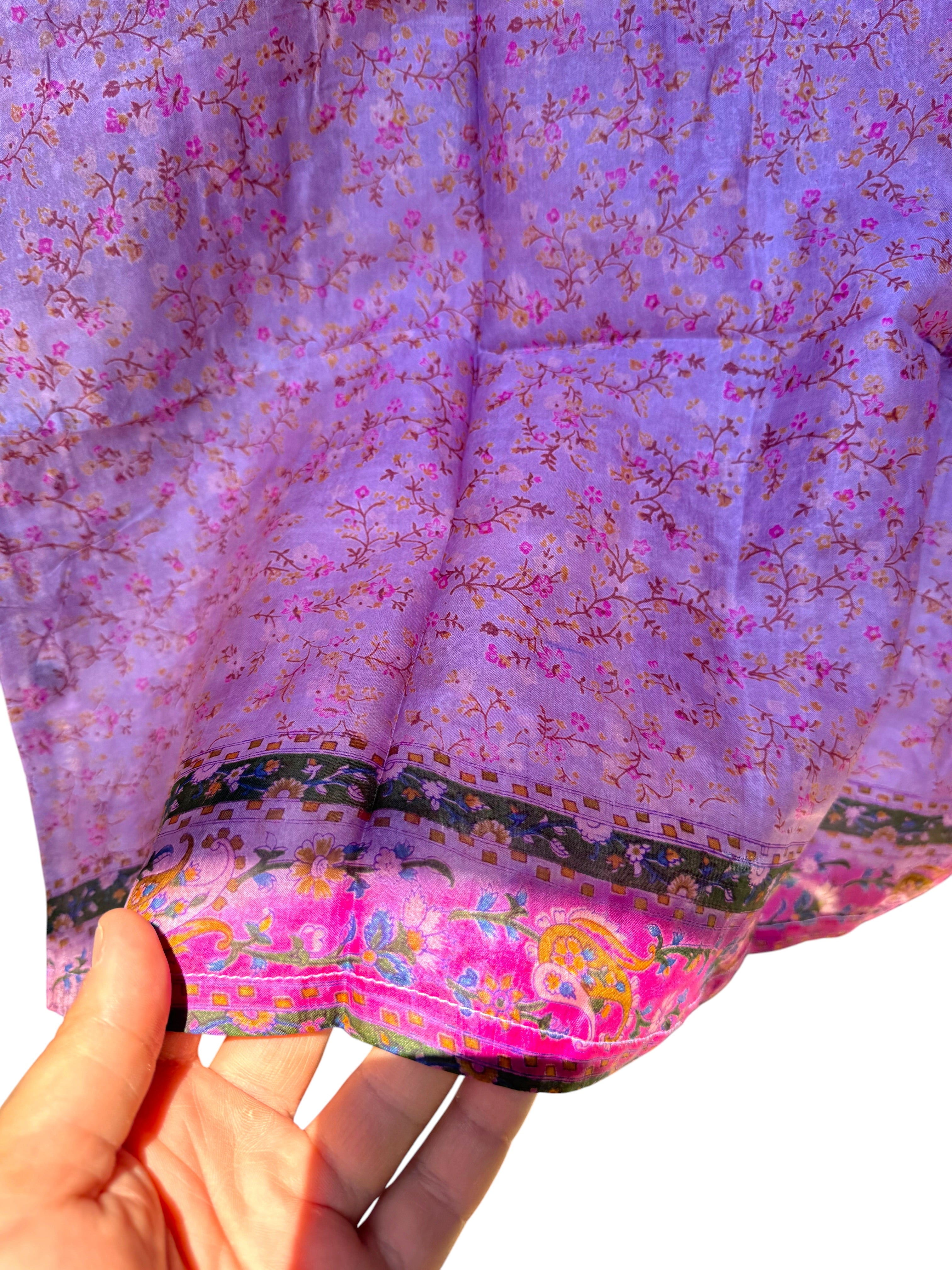 Camicia in Seta Sari Floreale Lilla Rosa Boho Unisex - Taglia L