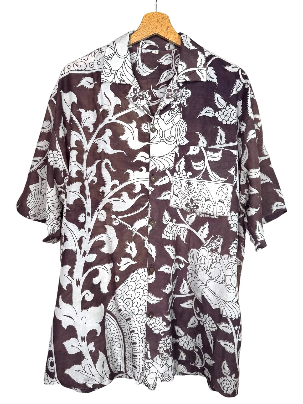 Camicia Etnica Kalamkari Figure e Tralci Marrone - Taglia L