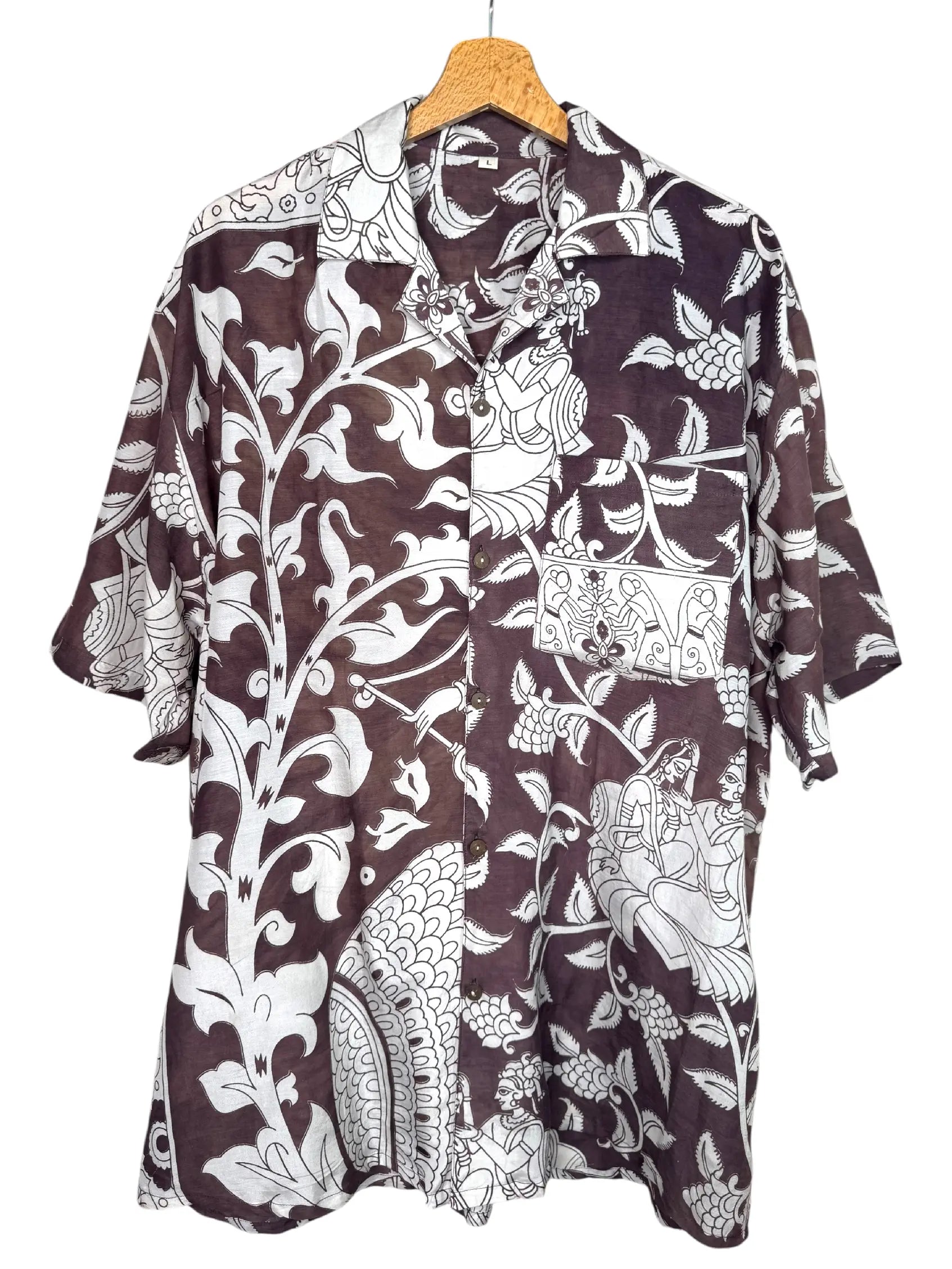 Camicia Etnica Kalamkari Figure e Tralci Marrone - Taglia L
