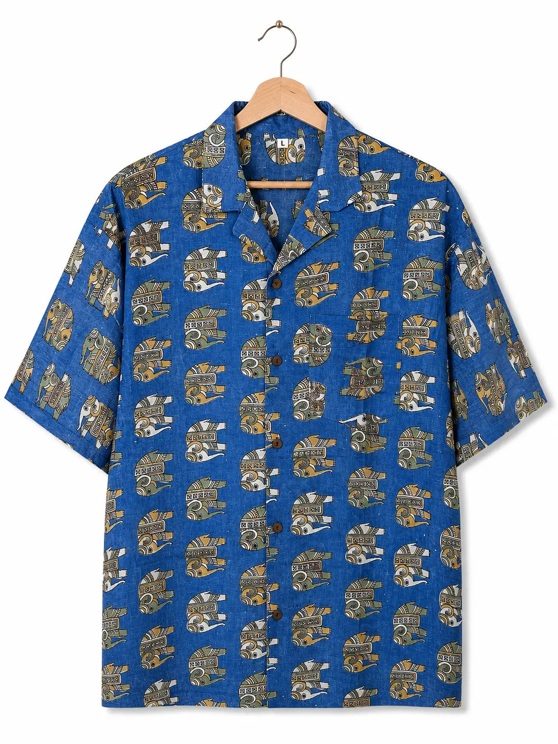 Camicia Etnica Sari Block Print Blu Elefanti Kalamkari - Taglia L CAMICIE PARTICOLARI
