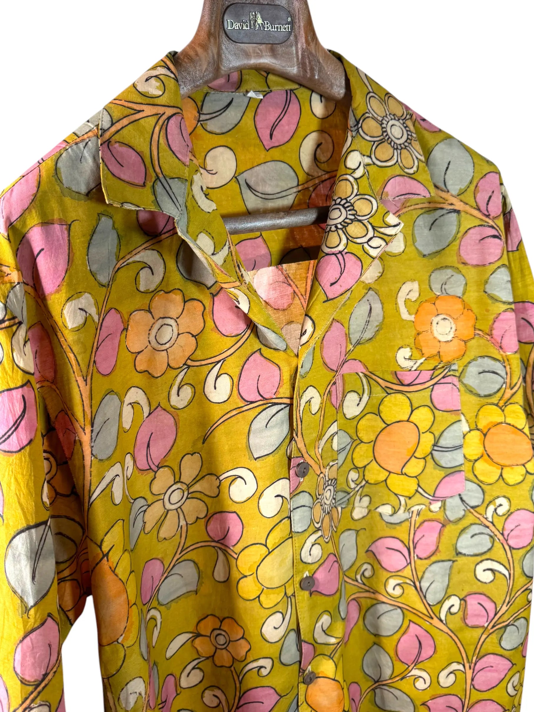 Camicia Etnica Seta Tussar Kalamkari Fiori e Pavoni - Tg L