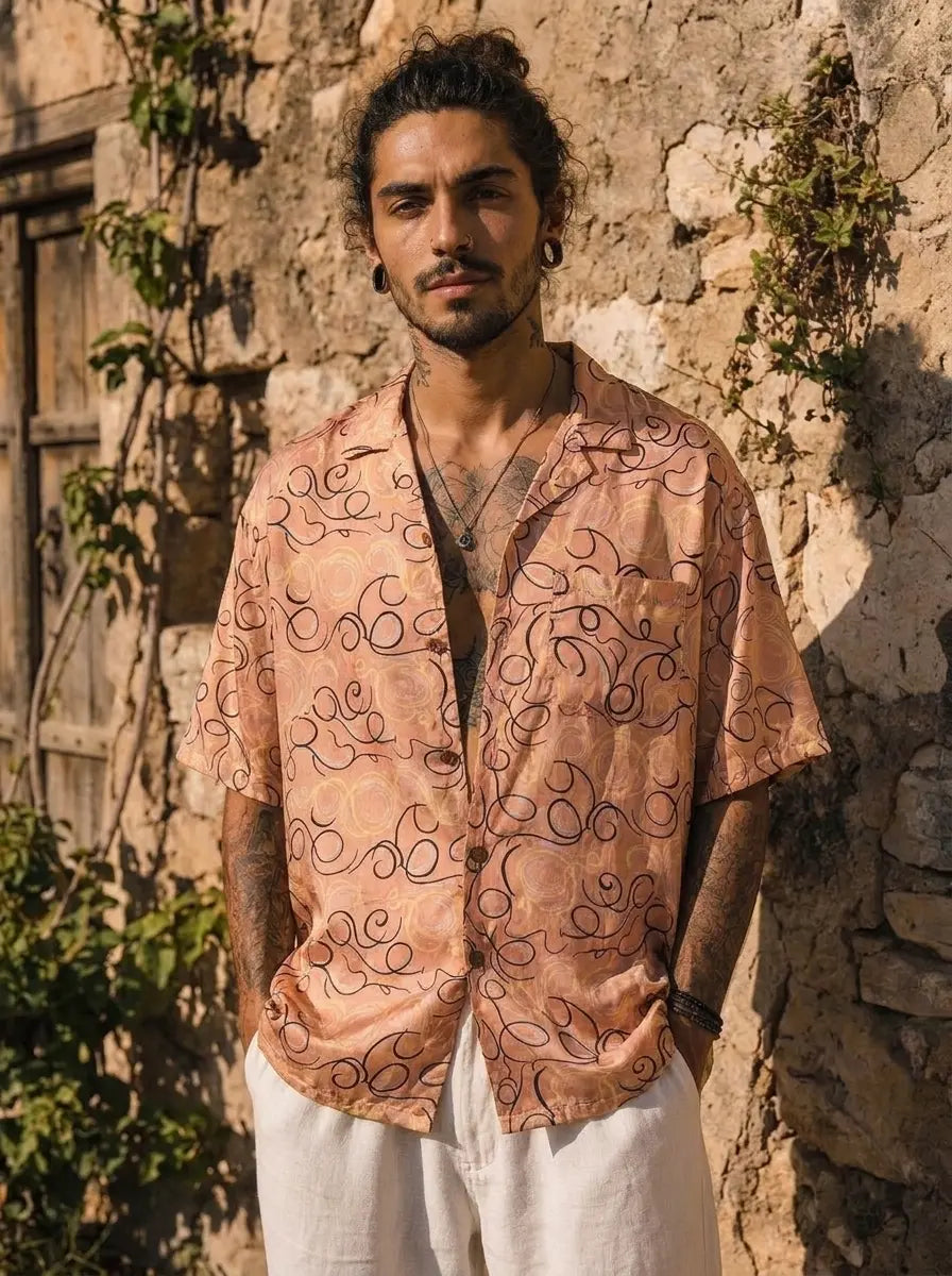 Camicia Etnica in Seta Sari Spirali Rosa Cipria - Taglia L