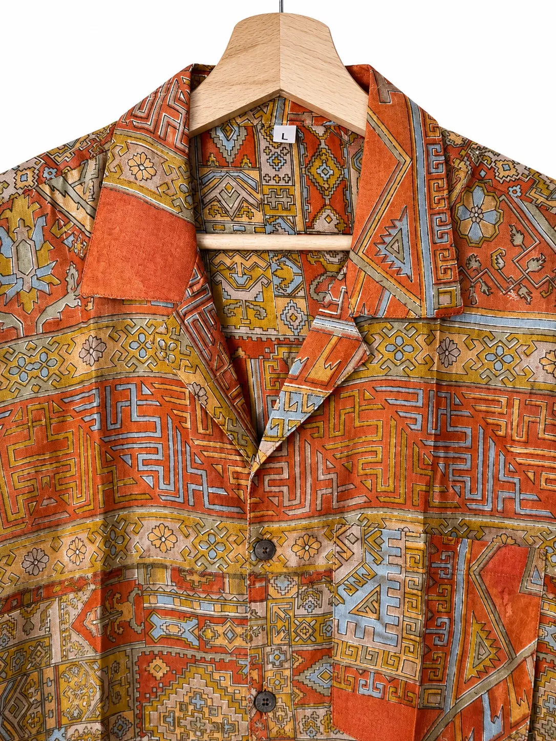 Camicia Etnica in Seta Sari Vintage Kilim Arancio Bruciato - Taglia L