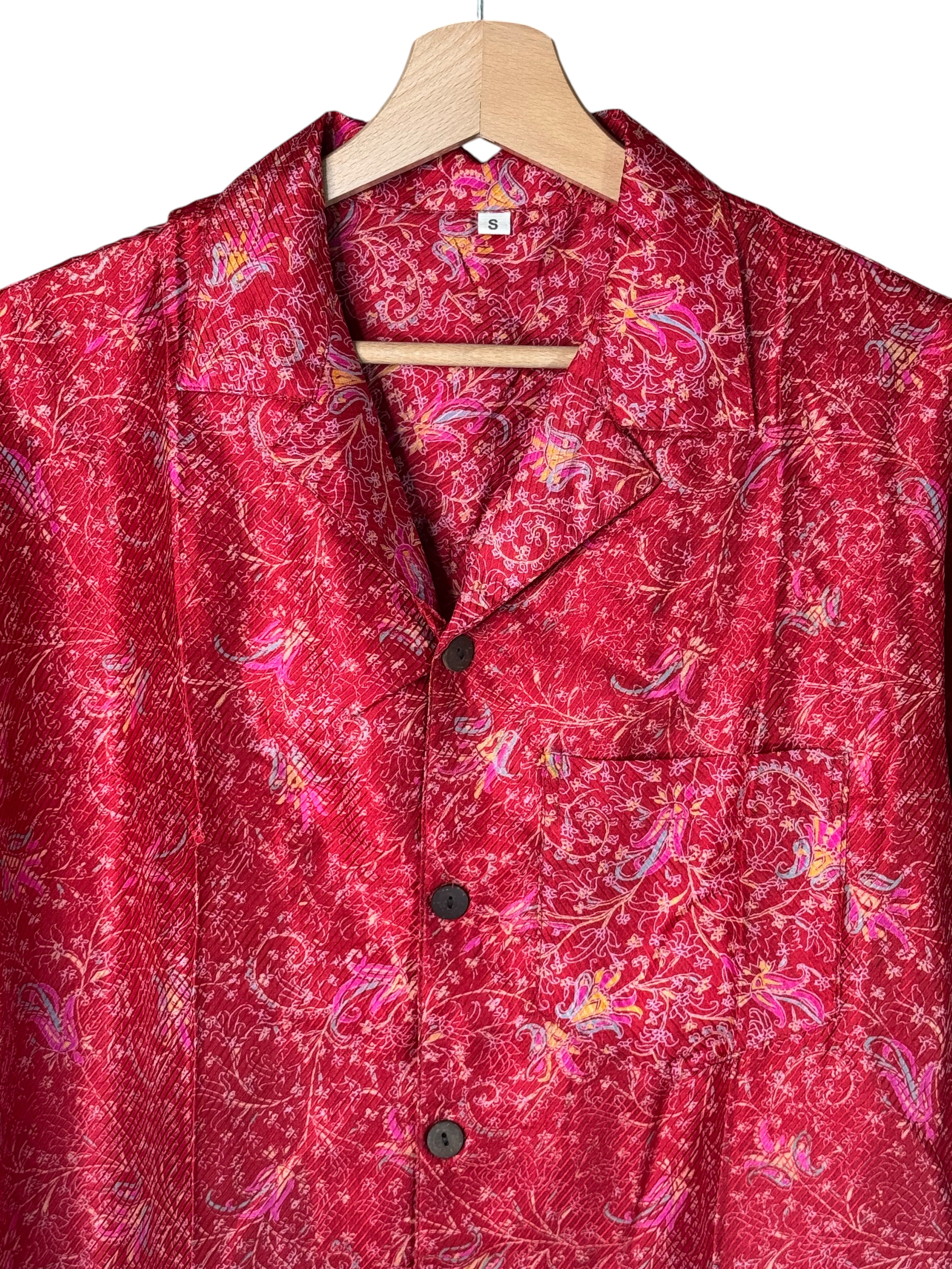 Camicia in Seta Sari Paisley Rosso Fuoco Floreale Unisex - Taglia S