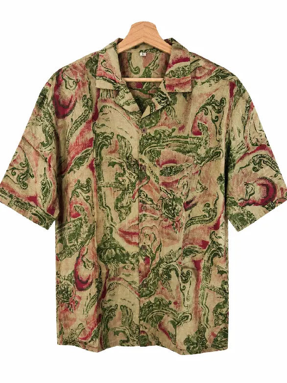 Camicia in Seta Sari Toile Figurativa Verde e Rosa Unisex - Taglia L