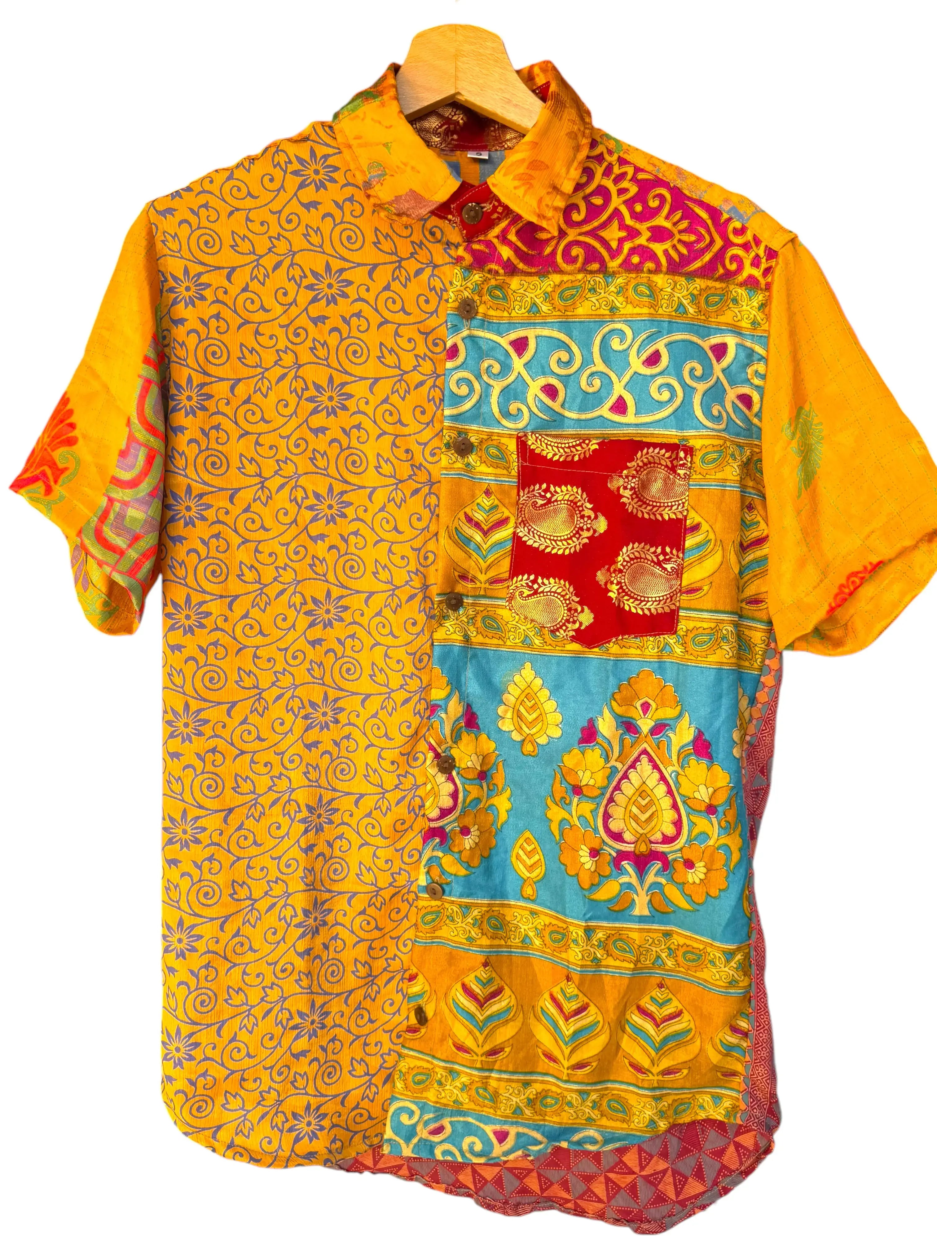 Camicia Patchwork Etnica Arancione e Azzurra Boho Unisex - Taglia S