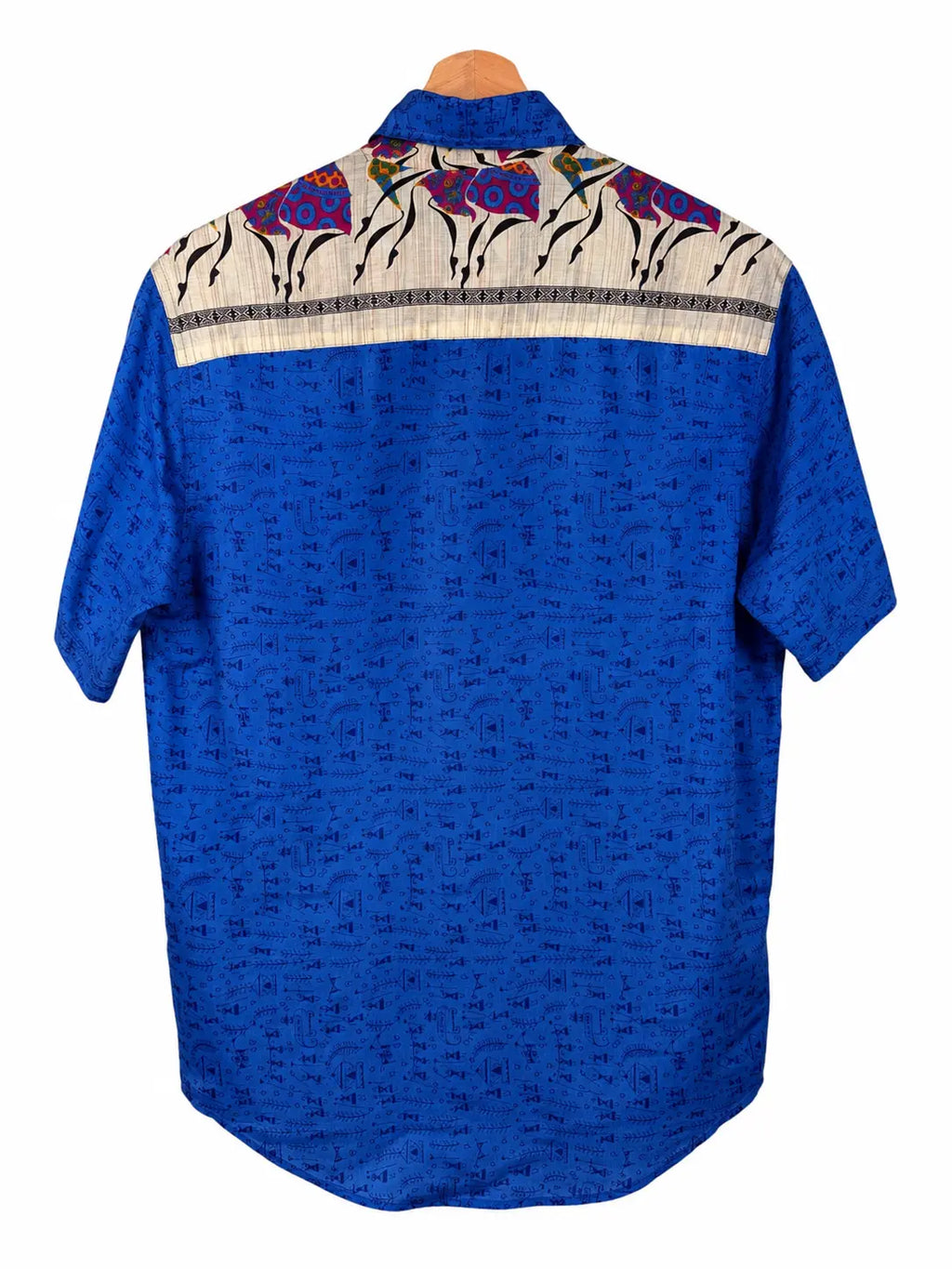Camicia Sari Etnica Blu Cobalto Pesci Geometrica Unisex - Taglia M
