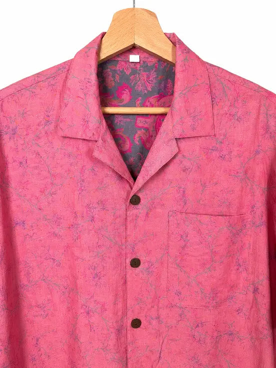 Camicia in Seta Sari Batik Floreale Fucsia Antracite Unisex - Taglia S