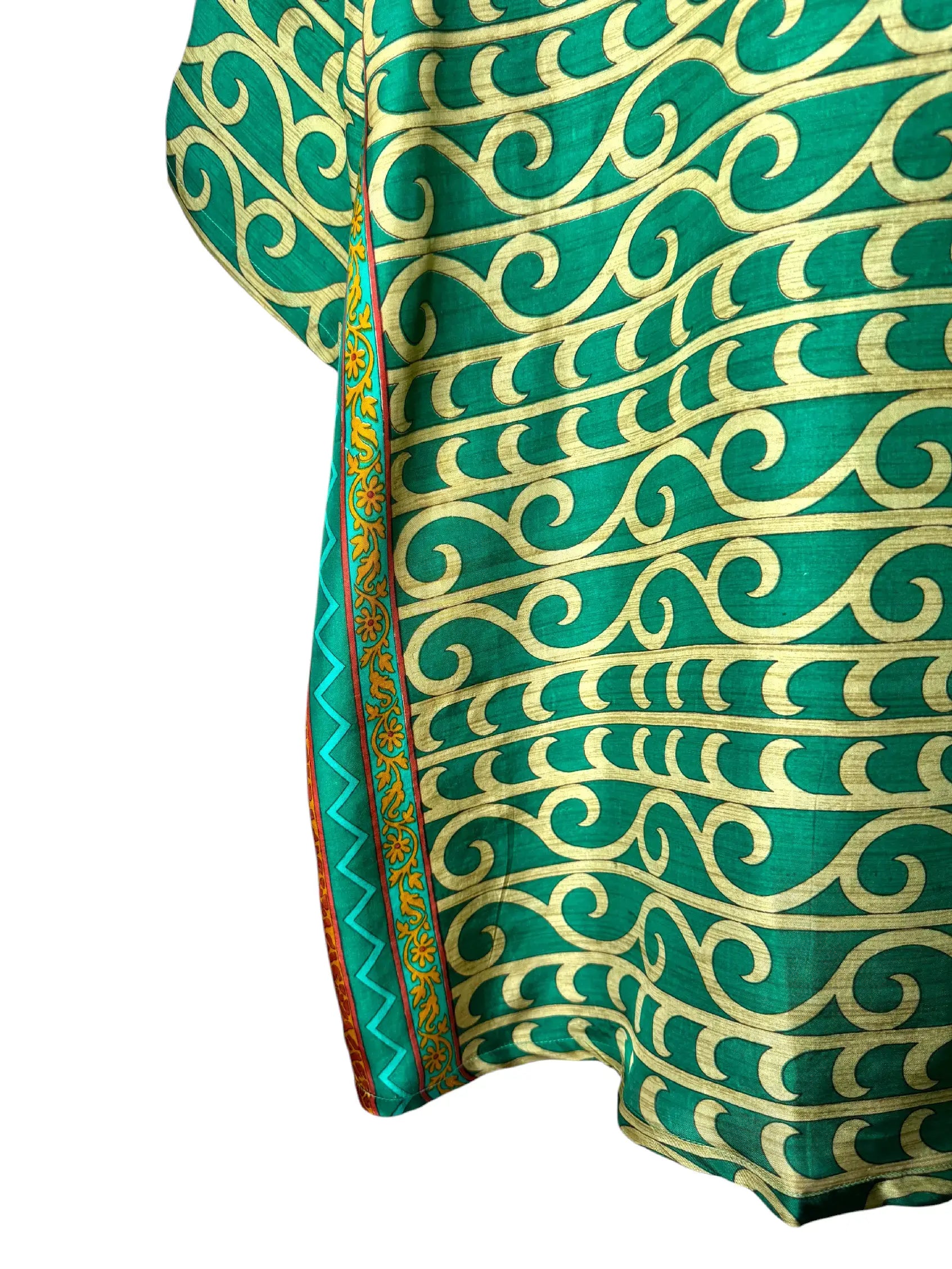 Camicia Etnica in Seta Sari Vintage Onde Verde Smeraldo - Taglia L