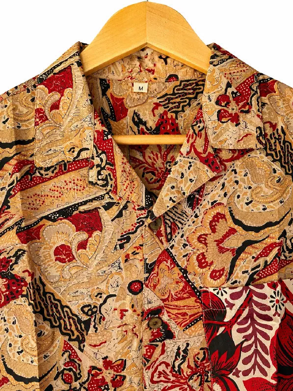 Camicia in Seta Sari Batik Patchwork Oro e Rosso Unisex - Taglia M