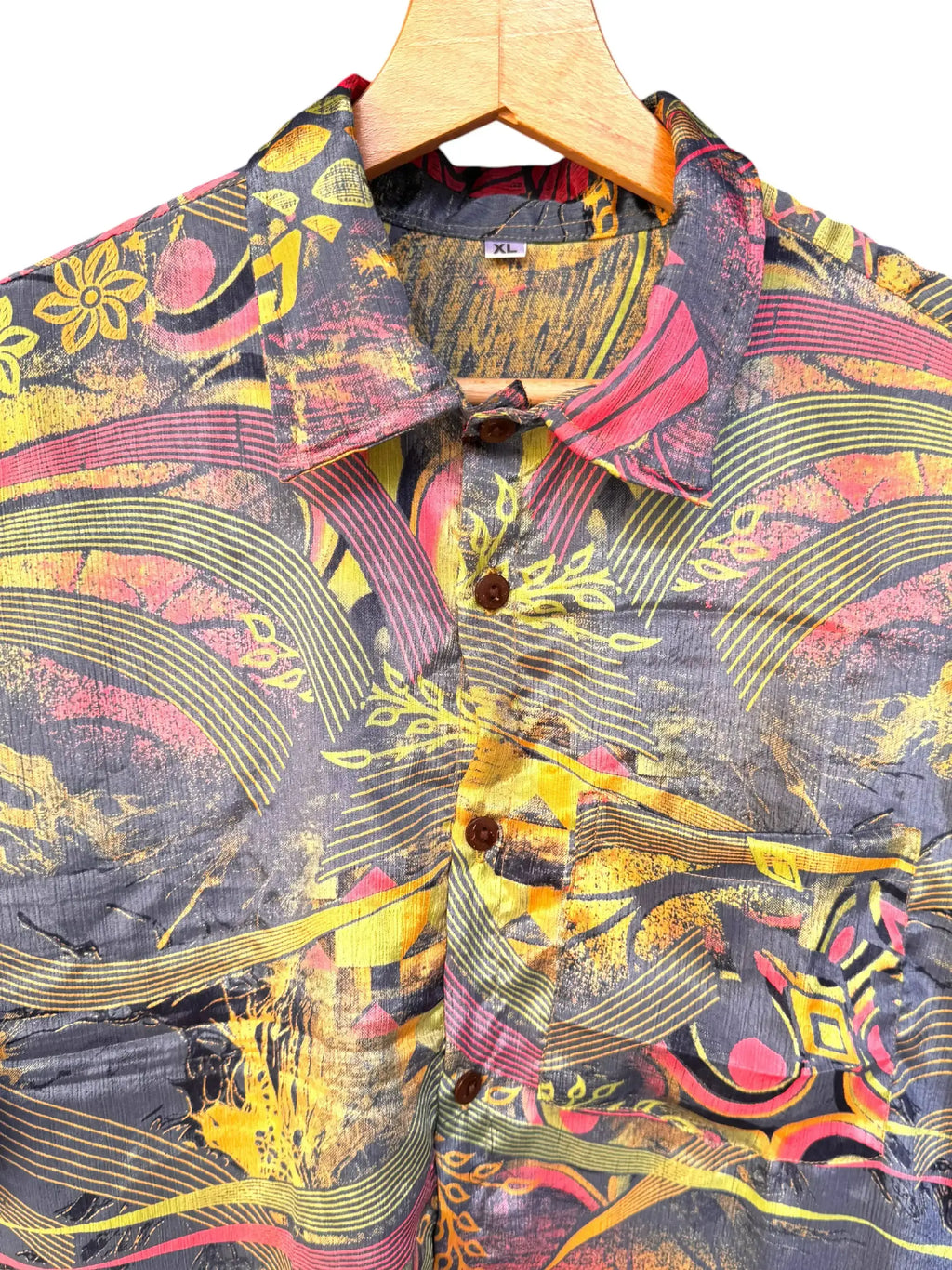Camicia Etnica Grigia Gialla - Astratto Boho Vintage Sari - Taglia XL