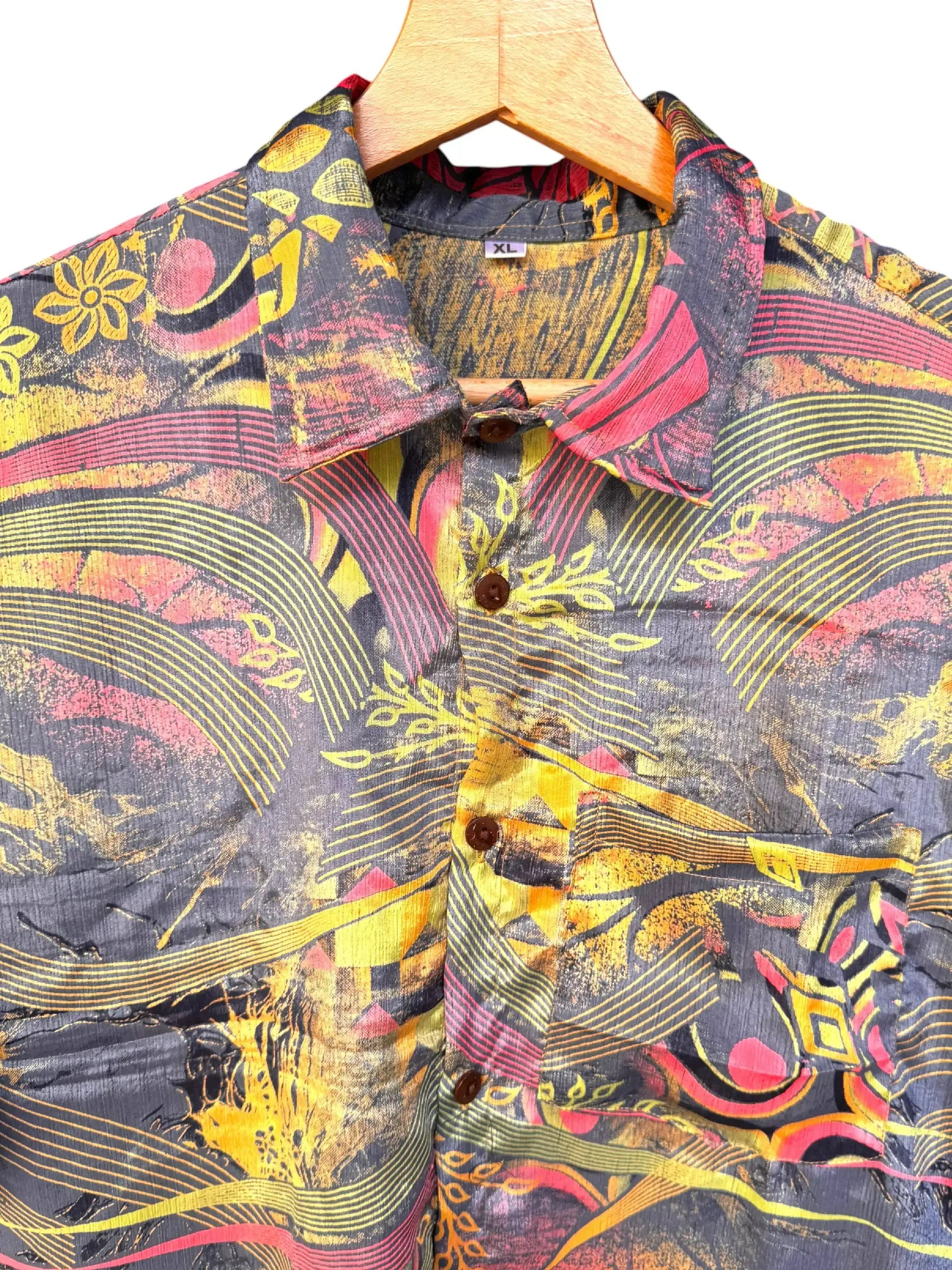 Camicia Etnica Grigia Gialla - Astratto Boho Vintage Sari - Taglia XL