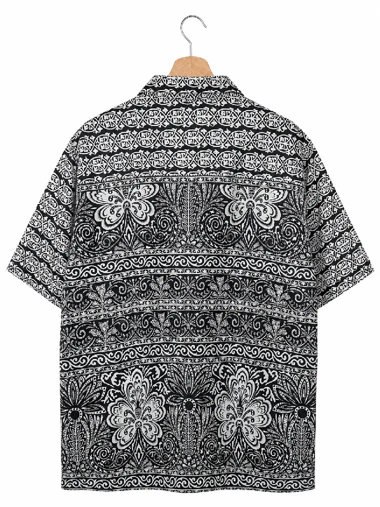 Camicia in Seta Sari Batik Balinese Nero e Bianco Unisex - Taglia XL