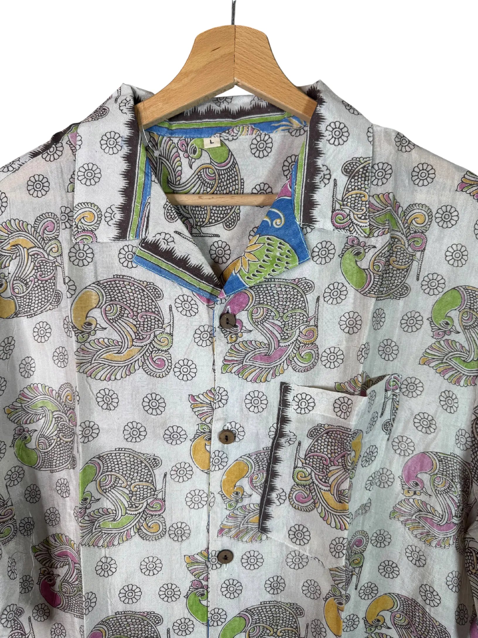 Camicia Etnica Sari Block Print Bianco Pavoni Multicolor - Taglia L CAMICIE PARTICOLARI