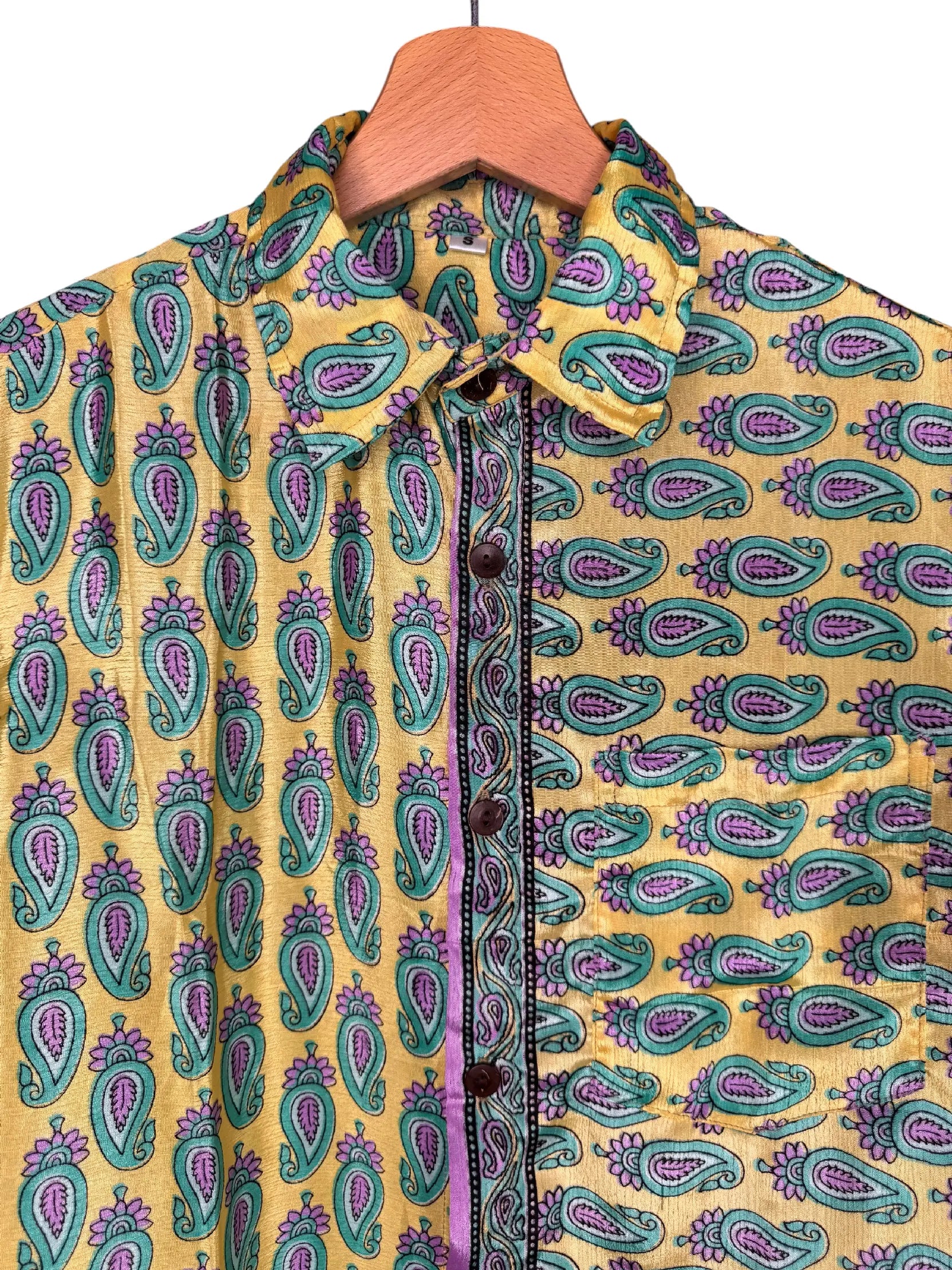 Camicia Sari Etnica Giallo Paisley Turchese Lilla Unisex - Taglia S