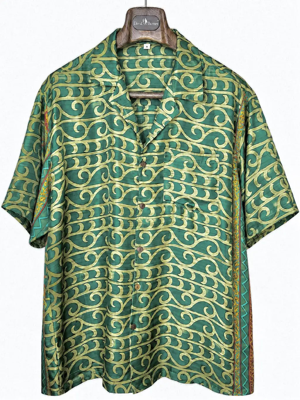 Camicia Etnica in Seta Sari Vintage Onde Verde Smeraldo - Taglia L