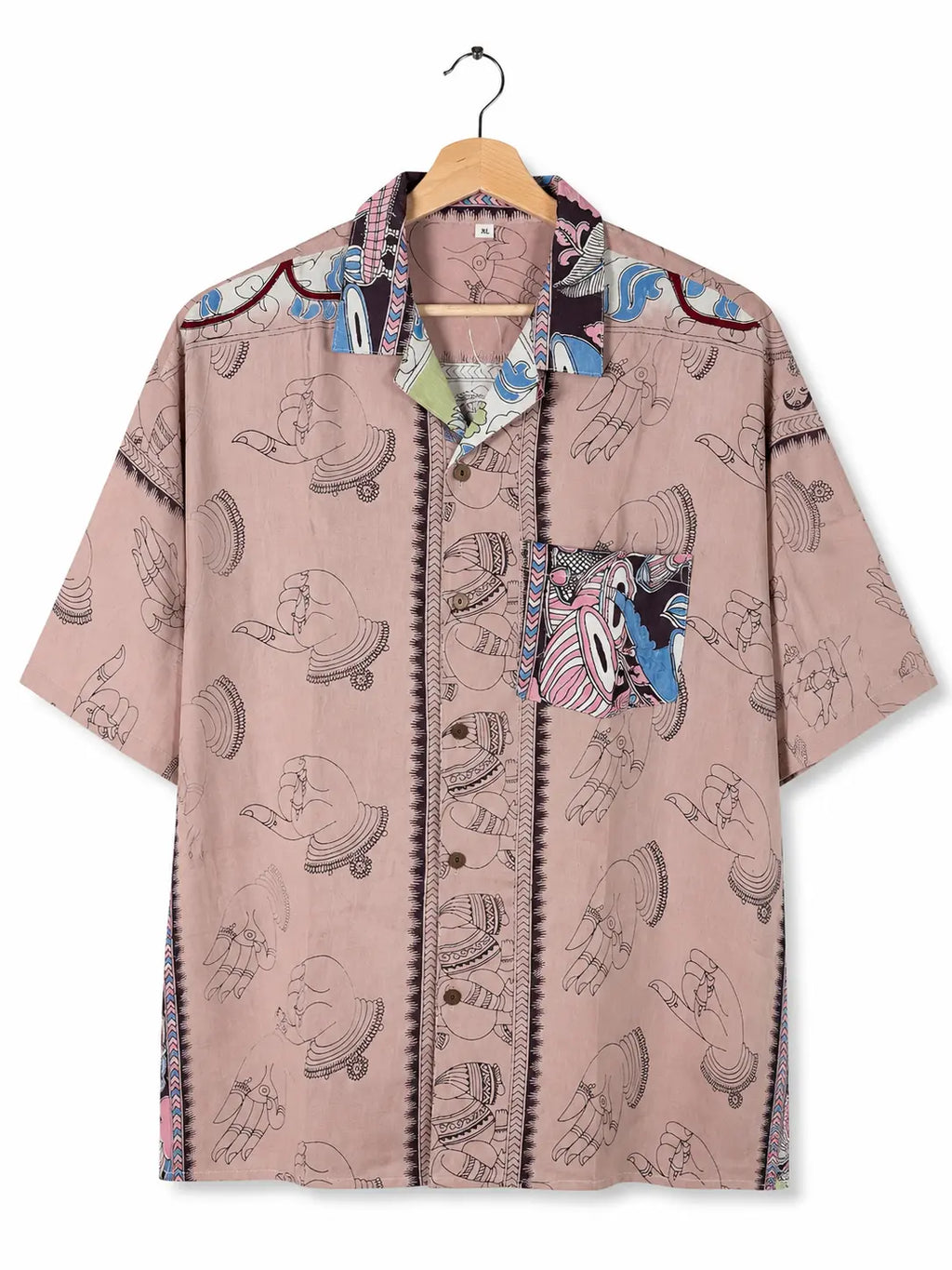 Camicia Etnica Sari Block Print Rosa Antico Figure Unisex - Taglia XL CAMICIE PARTICOLARI