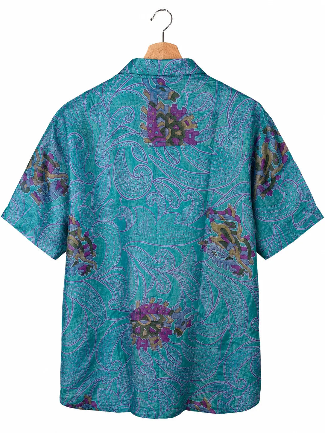Camicia in Seta Sari Verde Acqua Paisley e Viola Unisex - Taglia S
