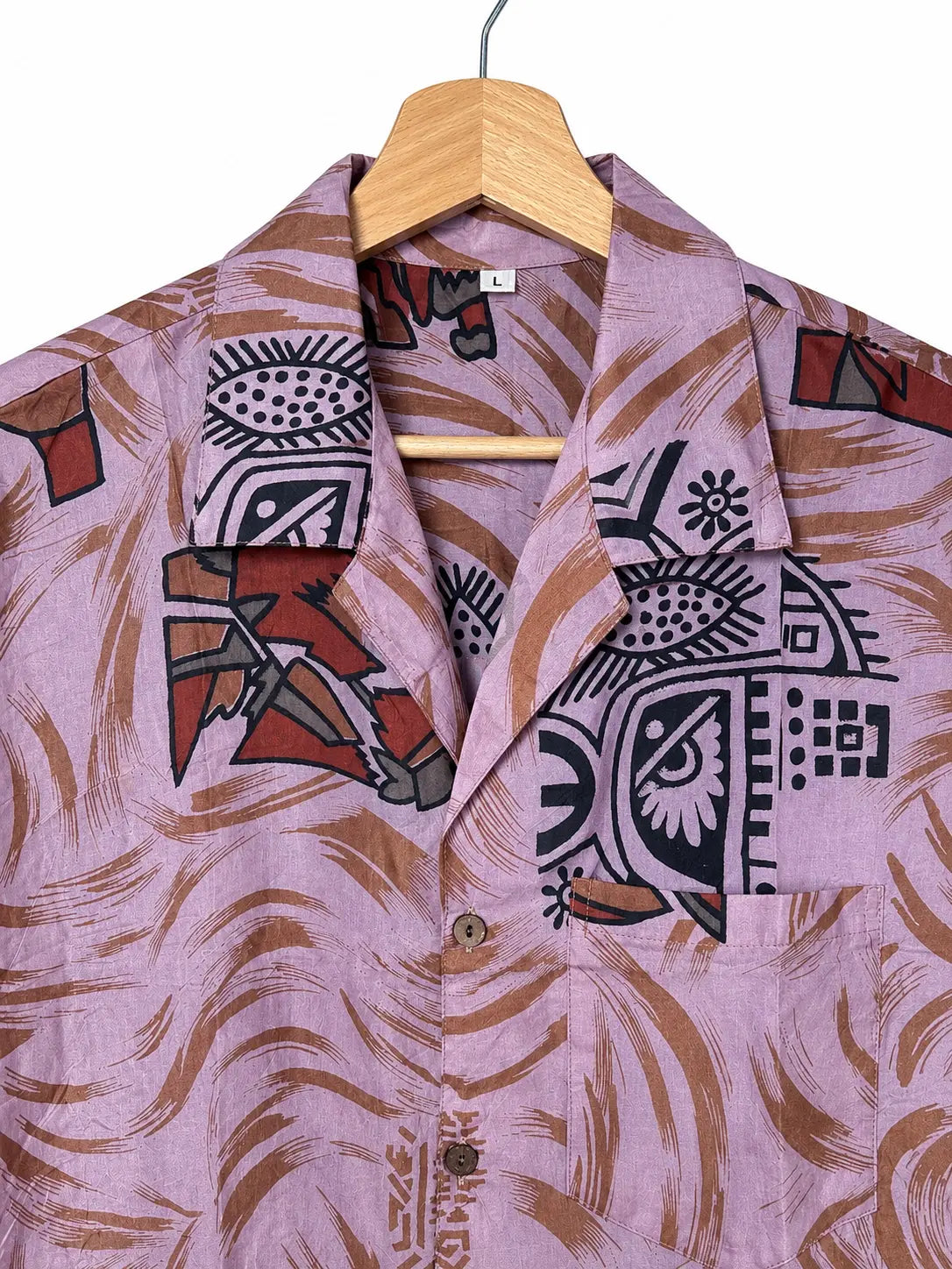Camicia Etnica in Seta Sari Vintage Maschere Tribali Lilla - Taglia L