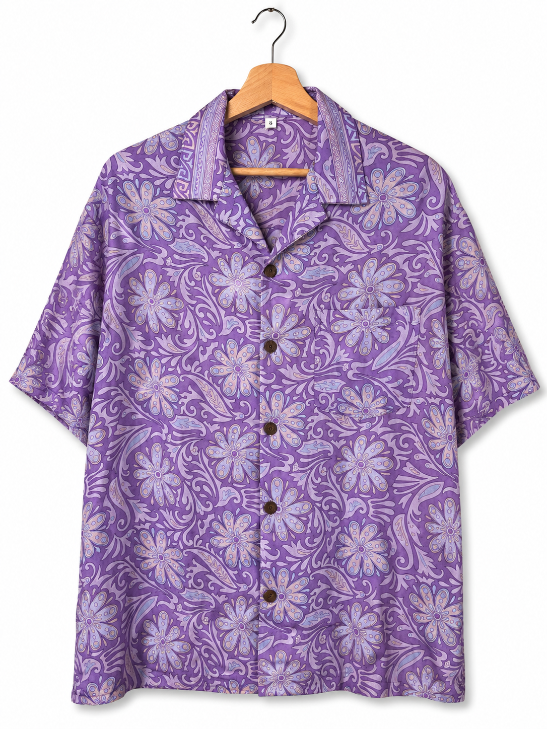 Camicia in Seta Sari Floreale Viola Lilla Arabeschi Unisex - Taglia S