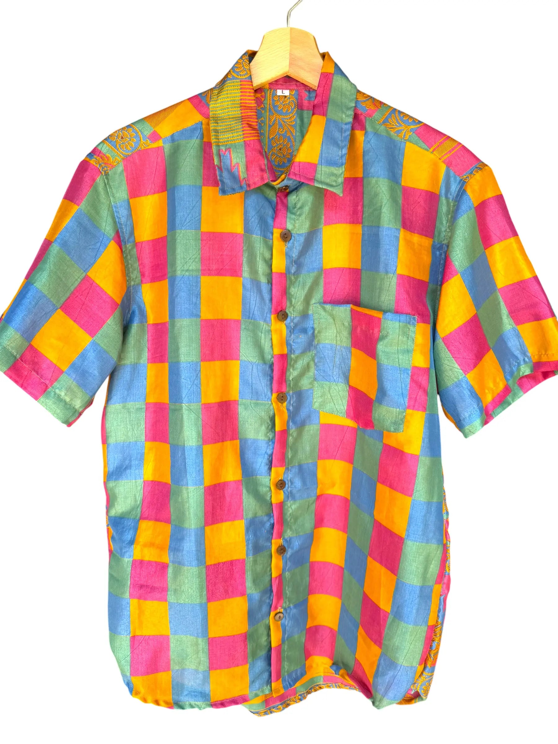 Camicia Sari Multicolor Quadri Pastello Upcycled - Taglia L