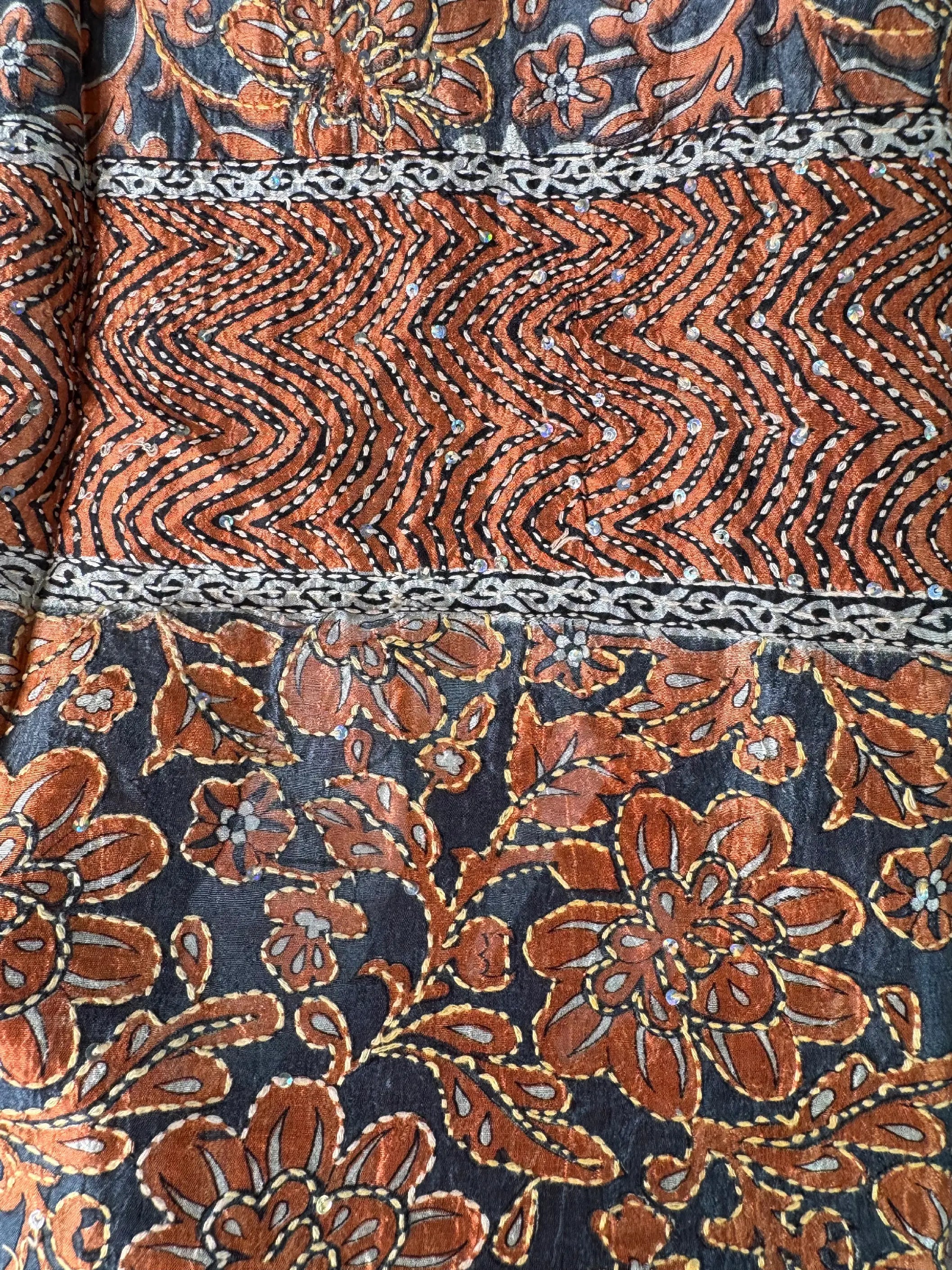 Camicia in Seta Sari Floreale Ricamata Nero e Rame Unisex - Taglia XL