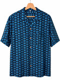 Camicia in Seta Sari Block Print Botanico Blu e Nero Unisex - Taglia S