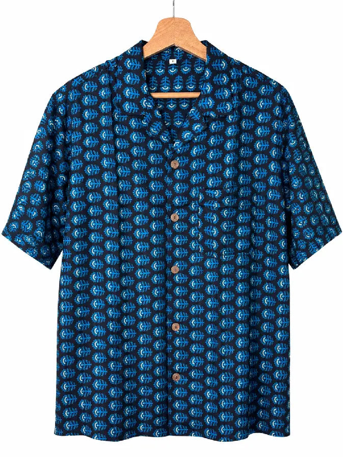 Camicia in Seta Sari Block Print Botanico Blu e Nero Unisex - Taglia S