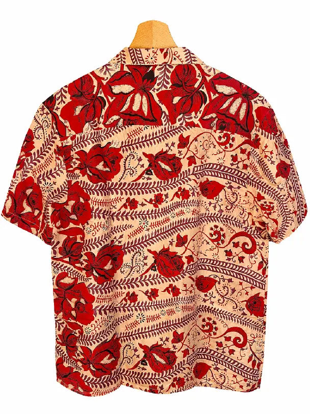 Camicia in Seta Sari Fantasia Floreale Rossa Unisex - Taglia M