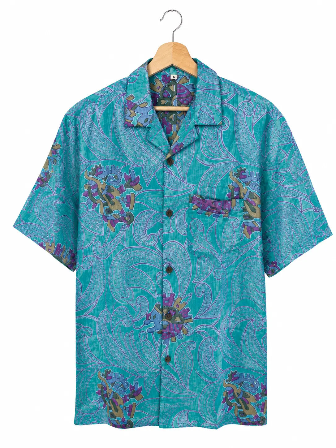Camicia in Seta Sari Verde Acqua Paisley e Viola Unisex - Taglia S