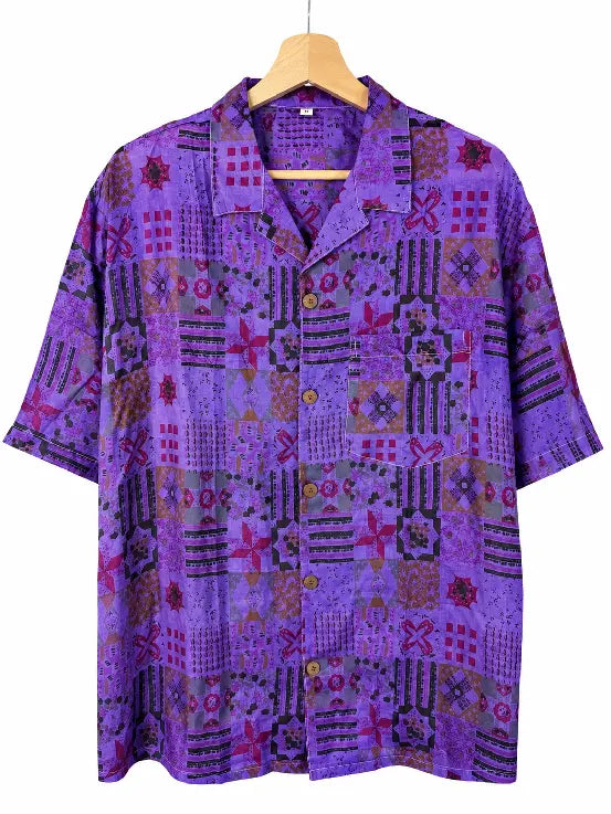 Camicia in Seta Sari Patchwork Geometrico Viola Unisex - Taglia L