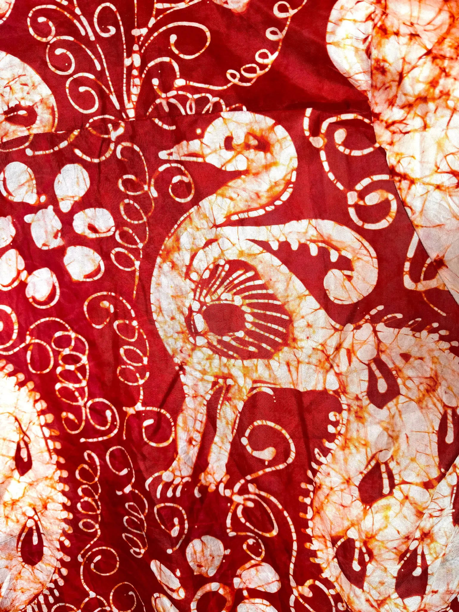 Camicia in Seta Sari Batik Animali Rosso e Arancio Unisex - Taglia XL