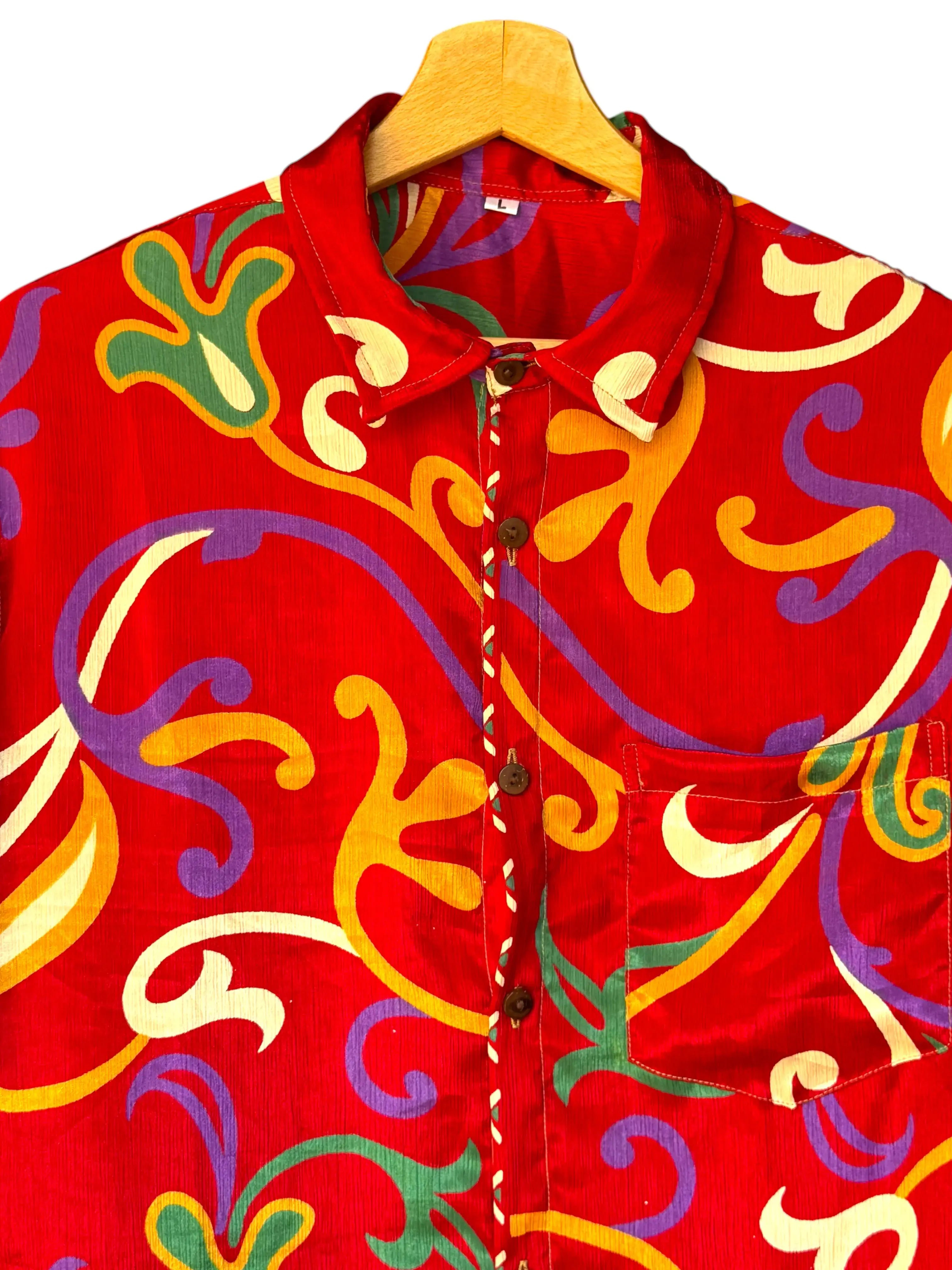 Camicia Etnica Rossa Multicolor Arabesco Boho Sari - Unisex - Taglia L