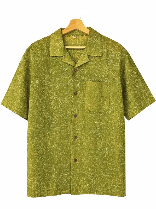 Camicia in Seta Sari Verde Oliva con Bordura Bordeaux Unisex - Taglia M