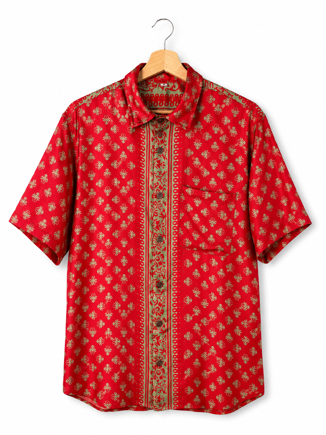 Camicia Sari Etnica Rosso Verde Salvia Floreale Unisex - Taglia L