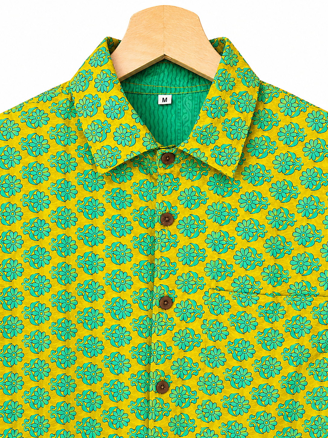 Camicia Etnica Gialla Verde - Floreale Boho - Unisex Taglia M