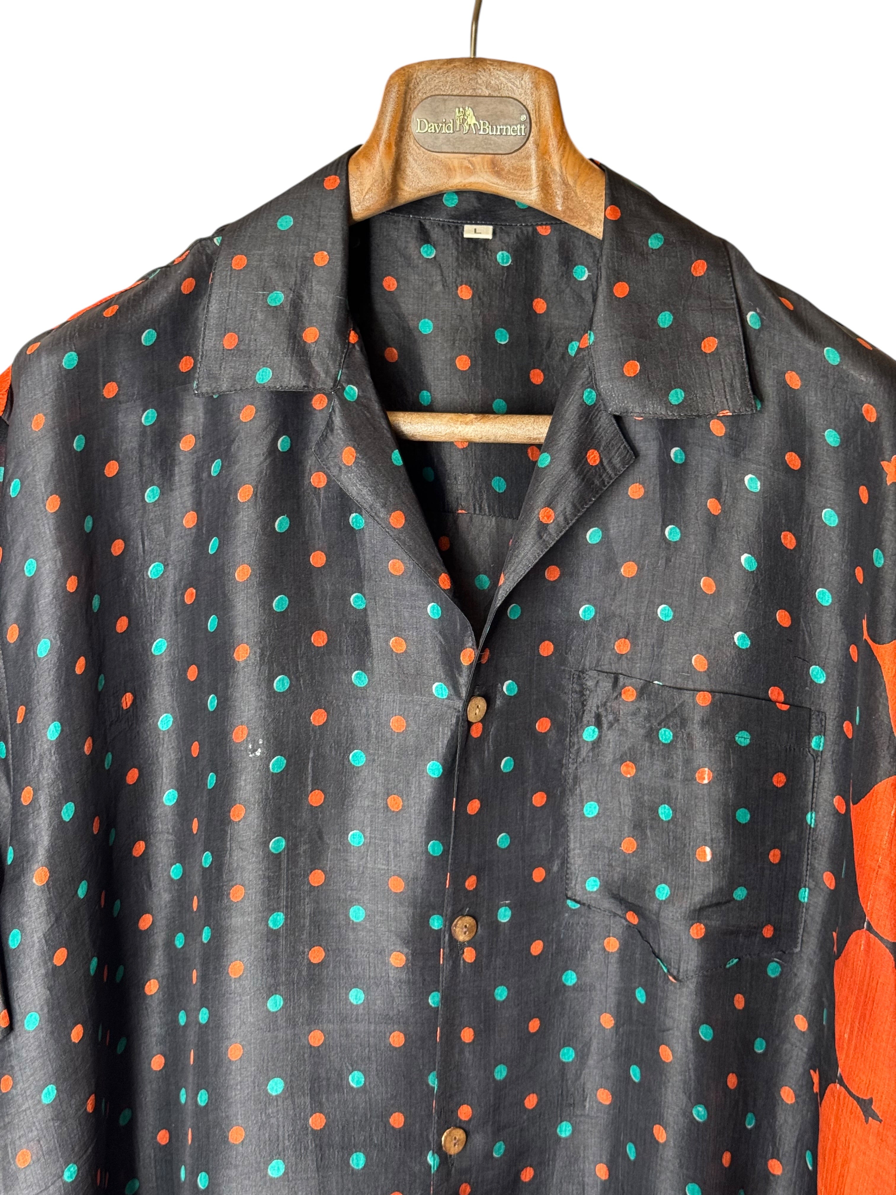 Camicia Etnica in Seta Sari Vintage Pois Nero Arancio - Taglia L